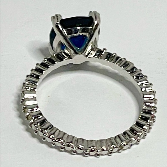 Nevada Silver Mine Cubic Zirconia Sapphire Center Stone Diamond Halo Ring Size 8 - Picture 3 of 4